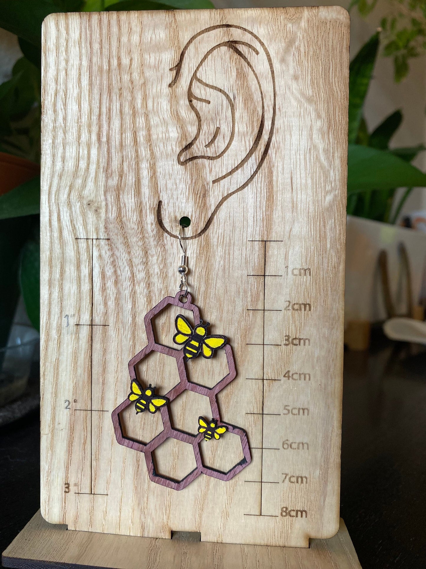 Solid Purple Heart Wood Honeycomb with Bees Earrings