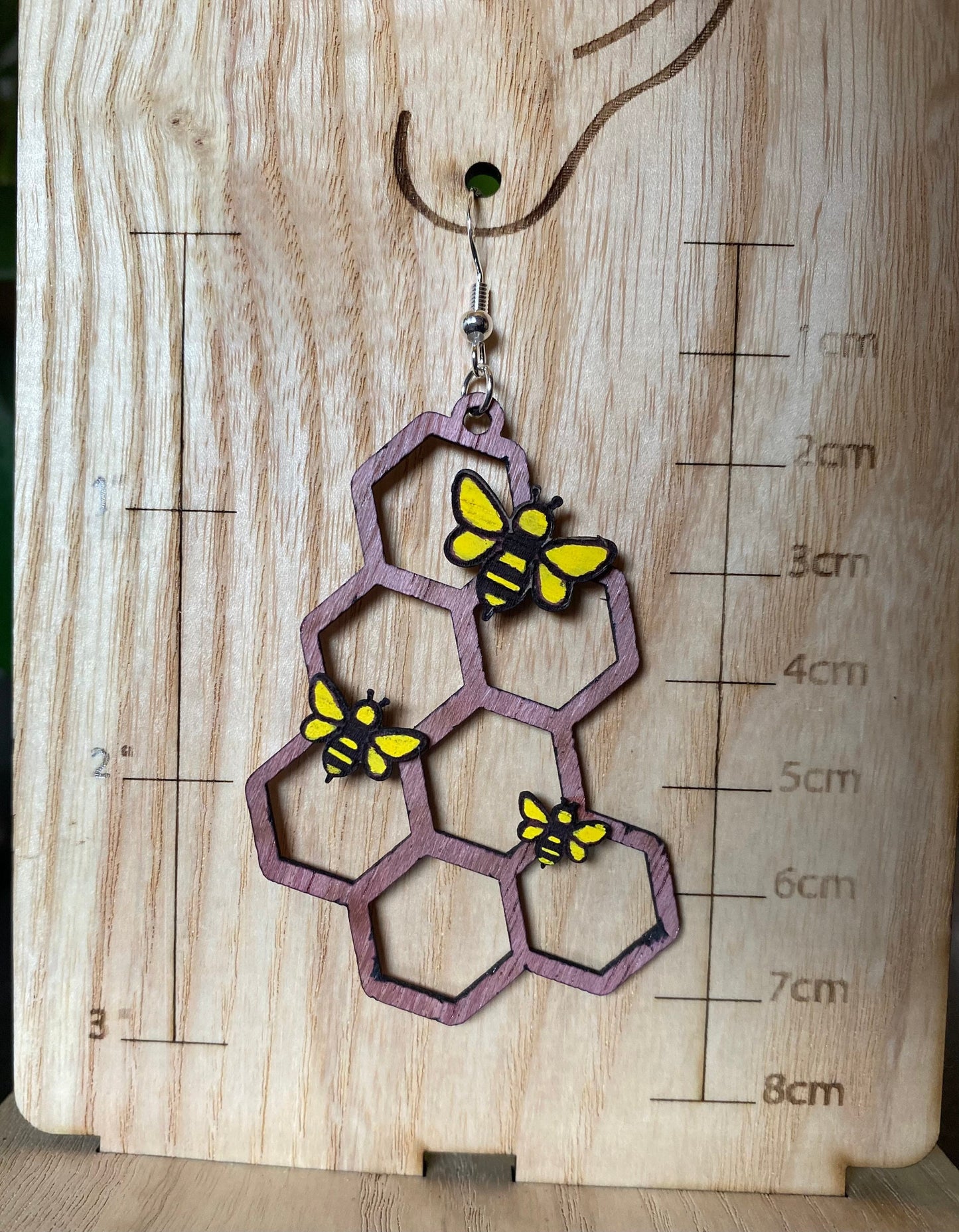 Solid Purple Heart Wood Honeycomb with Bees Earrings