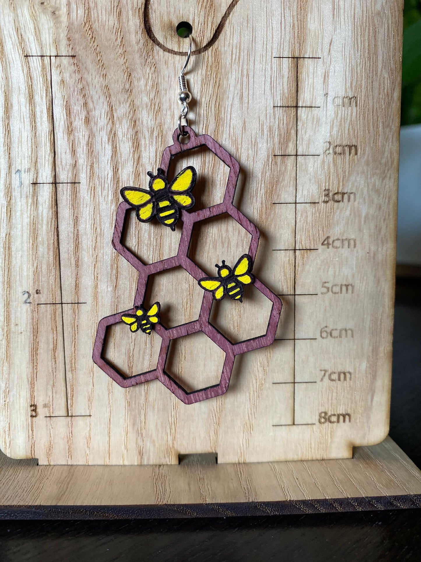 Solid Purple Heart Wood Honeycomb with Bees Earrings