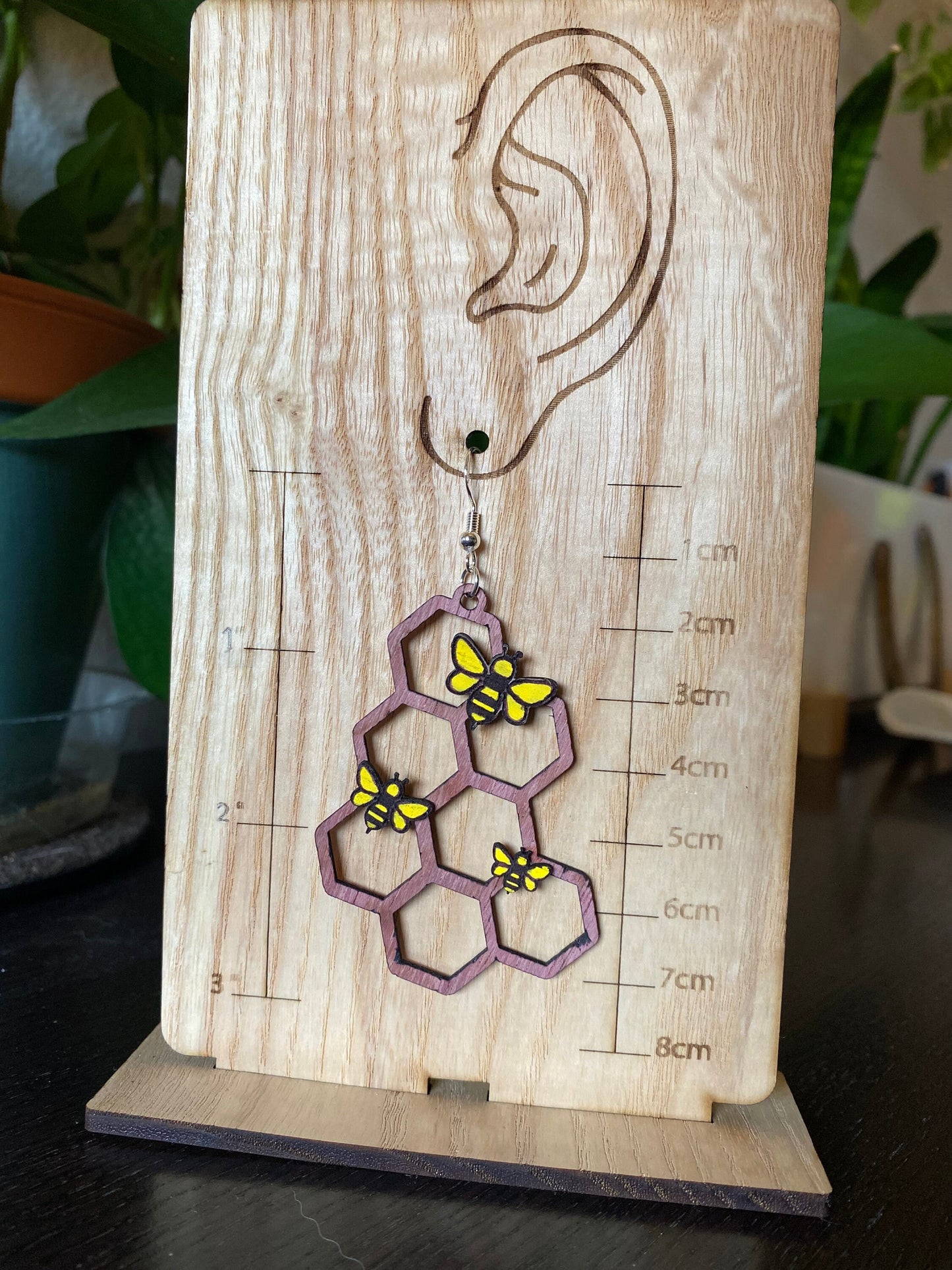 Solid Purple Heart Wood Honeycomb with Bees Earrings