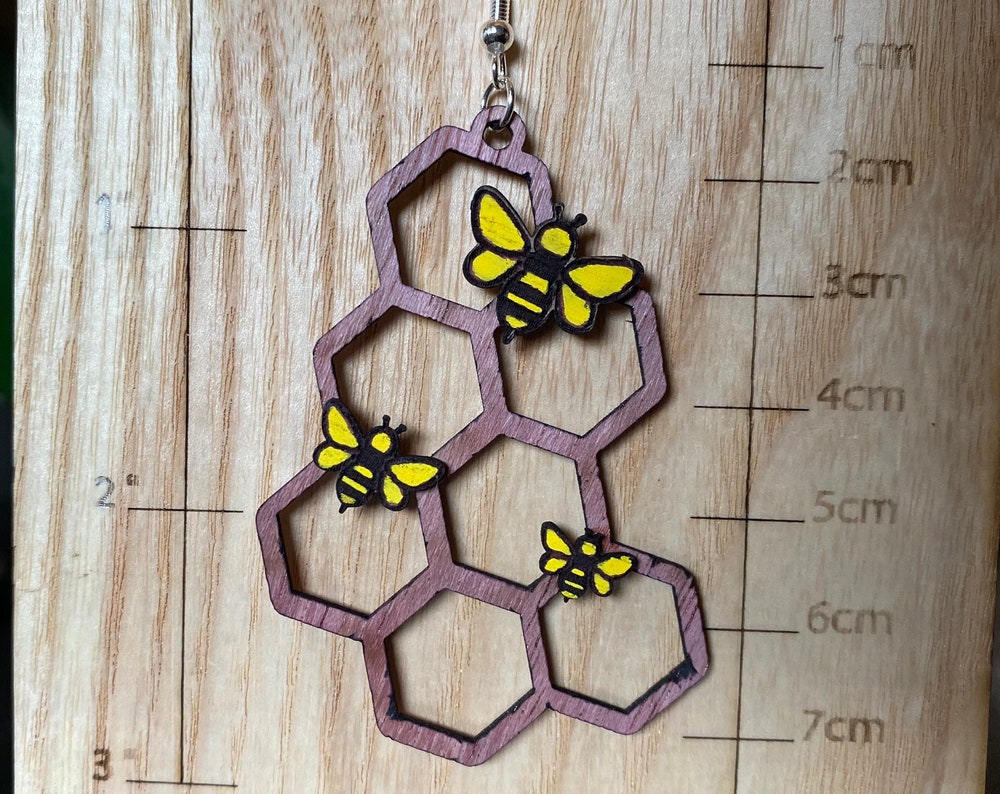 Solid Purple Heart Wood Honeycomb Earrings